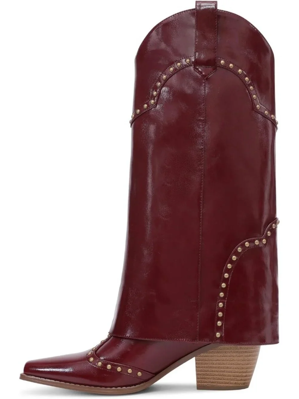 Women's Burgundy Faux Leather Over Boot Knee High Chunky Heel  Cowgirl Boot